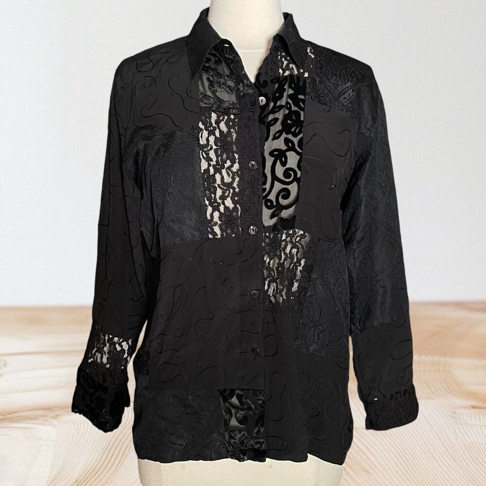 Chico's Black Whimsy Goth Blouse Sz 1 Patchwork Lace and Brocade Beaded Bohemian